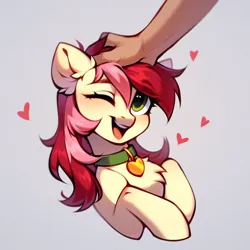 Size: 1024x1024 | Tagged: safe, ai content, derpibooru import, machine learning generated, prompter:doom9454, stable diffusion, roseluck, human, pony, behaving like a cat, bust, collar, cute, floating heart, fluffy, generator:pony diffusion v6 xl, generator:purplesmart.ai, hand, heart, image, offscreen character, offscreen human, one eye closed, pet tag, petting, png, pony pet, portrait, rosepet