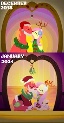 Size: 2160x4155 | Tagged: safe, anonymous artist, derpibooru import, big macintosh, fluttershy, earth pony, pegasus, pony, series:fm holidays, 2018, 2024, antlers, art evolution, bell, bell collar, christmas, christmas lights, christmas sweater, christmas wreath, clothes, collar, comparison, costume, earmuffs, eyes closed, fake antlers, fake beard, fake nose, female, fluttermac, g4, hat, high res, holiday, image, kiss on the lips, kissing, lineless, male, mare, mistletoe, png, red nose, reindeer antlers, remake, santa costume, santa hat, shipping, sitting, smiling, stallion, straight, sweater, text, wings, wreath