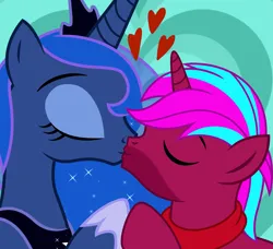 Size: 3289x3000 | Tagged: safe, artist:jennieoo, derpibooru import, princess luna, oc, oc:breezy sleeplist, alicorn, pony, unicorn, commission, hearts and hooves day, holiday, image, kiss on the lips, kissing, png, show accurate, valentine, valentine's day, vector, ych example, ych result, your character here