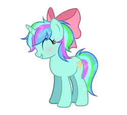 Size: 1138x1028 | Tagged: safe, artist:thinkywhynky, derpibooru import, oc, oc:coral glitter, unofficial characters only, pony, unicorn, derpibooru community collaboration, 2024 community collab, bow, commission, eyes closed, female, grin, hair bow, image, mare, multicolored hair, png, simple background, smiling, solo, transparent background, ych result