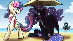 Size: 1920x1080 | Tagged: safe, artist:timsplosion, derpibooru import, bon bon, nightmare moon, queen chrysalis, sweetie drops, changeling, changeling queen, earth pony, pony, unicorn, beach, beach umbrella, bikini, bipedal, blushing, clothes, duo focus, female, flirting, heartbreak, image, inner tube, jpeg, lesbian, mare, missing accessory, ocean, one-piece swimsuit, pink swimsuit, pool toy, shipping, swimsuit, teary eyes, umbrella, water