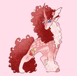 Size: 1361x1348 | Tagged: safe, artist:ghostunes, derpibooru import, oc, oc:candy apple rings, unofficial characters only, pony, unicorn, alternate design, alternate universe, blaze (coat marking), chest fluff, coat markings, curly hair, curly mane, curved horn, cute, facial markings, gradient hooves, hoof fluff, horn, image, looking at you, magical lesbian spawn, multiple ears, next generation, offspring, parent:applejack, parent:rarity, paws, pink background, png, pony oc, red hair, simple background, spots, unicorn oc