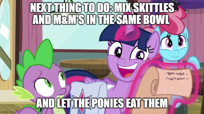 Size: 888x499 | Tagged: safe, derpibooru import, edit, edited screencap, editor:twi clown, screencap, cup cake, spike, twilight sparkle, twilight sparkle (alicorn), alicorn, dragon, pony, a trivial pursuit, bag, caption, female, food, happy, image, image macro, jpeg, male, mare, pure unfiltered evil, saddle bag, scroll, text