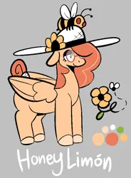 Size: 597x810 | Tagged: safe, artist:myahster, derpibooru import, oc, oc:honeylimón, bee, insect, pegasus, pony, bust, cutie mark, female, flower, glasses, hat, image, mare, not fluttershy, png, portrait, reference sheet, sun hat
