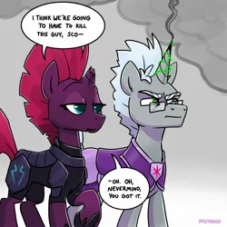 Size: 2048x2048 | Tagged: safe, artist:pfeffaroo, derpibooru import, tempest shadow, oc, oc:scope, pony, unicorn, armor, broken horn, dialogue, duo, female, glasses, gradient background, horn, i think we're gonna have to kill this guy, image, jpeg, male, mare, meme, raised hoof, royal guard, royal guard armor, smoke, stallion, subverted meme, unicorn royal guard