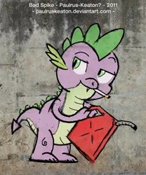 Size: 1412x1701 | Tagged: safe, artist:paulruskeaton, derpibooru import, spike, dragon, arson, bad spike, banksy, cigarette, fuel tank, graffiti, image, jerrycan, jpeg, male, solo