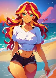 Size: 3840x5376 | Tagged: safe, ai content, derpibooru import, editor:sammykun, machine learning generated, stable diffusion, sunset shimmer, human, equestria girls, beach, belly button, bikini, bikini bottom, breasts, busty sunset shimmer, clothes, denim, denim shorts, female, g4, generator:pony diffusion v6 xl, generator:purplesmart.ai, image, jpeg, long hair, midriff, prompter:sammykun, shorts, sky, smiling, solo, stupid sexy sunset shimmer, swimsuit, thighs, white shirt, wide hips
