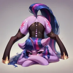 Size: 1536x1536 | Tagged: suggestive, ai content, derpibooru import, machine learning generated, prompter:airus, stable diffusion, twilight sparkle, unicorn, both cutie marks, clothes, corset, face down ass up, floppy ears, generator:pony diffusion v6 xl, image, jacko challenge, jewelry, meme, png, regalia, socks, thigh highs