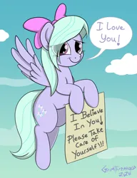 Size: 1000x1300 | Tagged: safe, artist:grimthreshold, derpibooru import, flitter, pegasus, pony, female, flying, image, looking at you, mare, motivational, png, positive ponies, sign, simple background, sky, smiling, smiling at you, solo, speech bubble, talking to viewer
