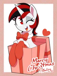 Size: 1500x2000 | Tagged: safe, artist:thebatfang, derpibooru import, oc, oc:blackjack, unofficial characters only, pony, unicorn, fallout equestria, fallout equestria: project horizons, bowtie, christmas, clothes, cute, fanfic art, female, heart, holiday, horn, image, mare, merry christmas, one eye closed, open mouth, open smile, passepartout, png, present, red and black mane, red eyes, smiling, socks, solo, unicorn oc, wink