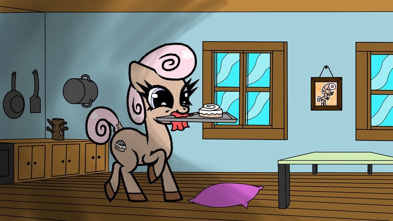 Size: 1920x1080 | Tagged: safe, artist:scandianon, derpibooru import, oc, unofficial characters only, earth pony, pony, cinnamon bun, female, food, image, indoors, jpeg, kitchen, mare, mouth hold, picture frame, table, tray, window