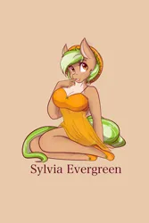 Size: 1365x2048 | Tagged: safe, artist:mscolorsplash, derpibooru import, oc, oc:sylvia evergreen, unofficial characters only, anthro, pegasus, plantigrade anthro, art trade, beige background, big breasts, breasts, busty oc, cleavage, clothes, dress, grin, hat, image, jpeg, kneeling, looking away, see-through, simple background, sitting, smiling, solo