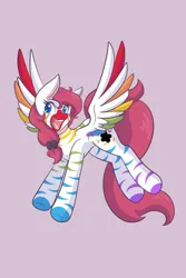 Size: 1365x2048 | Tagged: safe, artist:mscolorsplash, derpibooru import, oc, unofficial characters only, hybrid, pegasus, zony, colored wings, fusion, image, jpeg, multicolored wings, open mouth, open smile, purple background, rainbow wings, simple background, smiling, solo, spread wings, wings