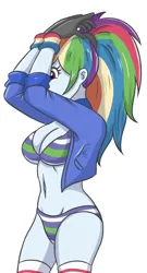 Size: 1542x2854 | Tagged: suggestive, artist:sumin6301, derpibooru import, rainbow dash, human, equestria girls, belly button, clothes, female, g4, gloves, image, jacket, jpeg, legs, looking at you, midriff, panties, pockets, ponytail, simple background, solo, striped bra, striped panties, striped underwear, thighs, underwear, white background, wristband