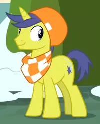 Size: 382x476 | Tagged: safe, derpibooru import, screencap, comet tail, pony, unicorn, best gift ever, background pony, clothes, cropped, g4, hat, image, male, neck warmer, png, smiling, solo, stallion, winter hat, winter outfit