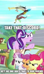 Size: 500x843 | Tagged: safe, derpibooru import, edit, edited screencap, screencap, apple bloom, discord, scootaloo, starlight glimmer, sweetie belle, draconequus, pegasus, pony, unicorn, angry, caption, cutie mark crusaders, female, filly, foal, g4, image, imgflip, jpeg, text