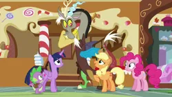 Size: 1280x720 | Tagged: safe, derpibooru import, screencap, applejack, discord, pinkie pie, spike, twilight sparkle, draconequus, earth pony, pony, what about discord?, image, png, reassurance