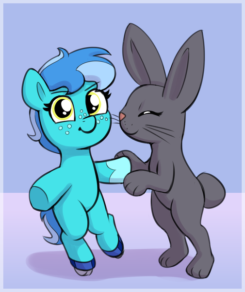 Size: 1857x2208 | Tagged: safe, artist:heretichesh, derpibooru import, oc, oc:cardamom, oc:saltwater toffy, unofficial characters only, earth pony, pony, rabbit, animal, bipedal, cute, duo, eyes closed, female, filly, foal, freckles, image, looking at you, ocbetes, pet oc, png, roller skates, skates, smiling, smiling at you, underhoof
