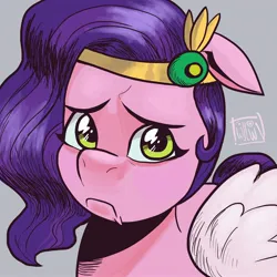 Size: 2160x2160 | Tagged: safe, artist:twillow, derpibooru import, pipp petals, pegasus, pony, g5, female, gray background, high res, image, jpeg, mare, meme, no bitches?, sad, simple background, solo