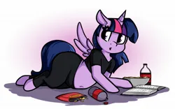Size: 1854x1154 | Tagged: safe, artist:andelai, derpibooru import, twilight sparkle, twilight sparkle (alicorn), alicorn, pony, :o, belly button, book, bottle, chips, chubby, drink, female, food, image, jpeg, mare, open mouth, soda