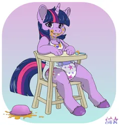 Size: 1800x1900 | Tagged: suggestive, artist:stargal galexi, derpibooru import, twilight sparkle, anthro, abdl, adorkable, age regression, bib, chair, cute, diaper, diaper fetish, dork, eating, fetish, gradient background, highchair, image, messy eating, png, sitting, smiling, solo, younger