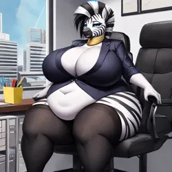 Size: 1024x1024 | Tagged: suggestive, ai content, derpibooru import, machine learning generated, stable diffusion, zecora, anthro, zebra, bbw, belly, belly button, big belly, big breasts, breasts, business suit, clothes, derpibooru exclusive, fat, female, g4, huge breasts, image, office, png, prompter:professordoctorc, skirt, socks, stockings, thigh highs, wardrobe malfunction, zecobese