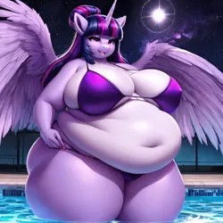 Size: 1024x1024 | Tagged: suggestive, ai content, derpibooru import, machine learning generated, stable diffusion, twilight sparkle, twilight sparkle (alicorn), alicorn, anthro, bbw, belly, belly button, big belly, big breasts, bikini, breasts, clothes, derpibooru exclusive, fat, female, g4, hair bun, image, morbidly obese, night, obese, png, prompter:professordoctorc, swimming pool, swimsuit, twilard sparkle