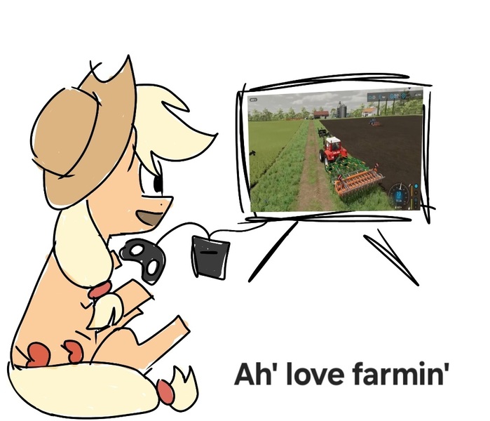 Size: 976x838 | Tagged: safe, artist:cosmicwaves35, derpibooru import, applejack, earth pony, pony, controller, farming, farming simulator, gaming, image, jpeg, sitting