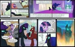 Size: 1280x800 | Tagged: safe, artist:sevireth, derpibooru import, princess luna, twilight sparkle, oc, oc:nyx, alicorn, pegasus, pony, unicorn, tumblr:nyx contacts, armor, bandage, bed, body cast, bush, clothes, comic, couch, dialogue box, fire, glasses, helmet, horn, hospital, hospital bed, hospital room, image, nightmare nyx, nonet, pegasus oc, peytral, png, project iris, speech bubble, stained glass, throne room, tumblr comic, unicorn oc, unicorn twilight, uniform, water, waterfall, wings