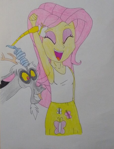 Size: 2820x3692 | Tagged: safe, anonymous artist, derpibooru import, discord, fluttershy, draconequus, human, equestria girls, armpits, arms in the air, best friend, best friends, big grin, big smile, clothes, duo, duo male and female, excited, excitement, eyes closed, female, friend, friends, g4, grin, image, jpeg, laughing, male, shirt, sleeveless, sleeveless shirt, sleeveless tank top, smiling, tanktop, tickling, traditional art