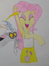Size: 2703x3578 | Tagged: safe, anonymous artist, derpibooru import, discord, fluttershy, draconequus, human, equestria girls, armpit tickling, armpits, arms in the air, best friend, best friends, big grin, big smile, clothes, disembodied hand, excited, excitement, eyes closed, female, friend, friends, g4, grin, hand, image, jpeg, laughing, male, modular, shirt, sleeveless, sleeveless shirt, sleeveless tank top, smiling, tanktop, tickling, traditional art