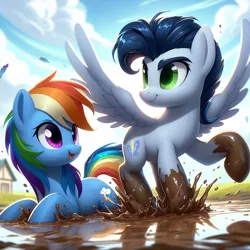 Size: 1024x1024 | Tagged: safe, ai content, derpibooru import, machine learning generated, prompter:*rainbow dash*, rainbow dash, soarin', cloud, cloudy, female, g4, generator:bing image creator, generator:dall-e 3, image, male, missing wing, mud, playing, png, shipping, sky, smiling, soarindash, spread wings, straight, wings