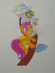 Size: 3072x4096 | Tagged: safe, anonymous artist, derpibooru import, discord, scootaloo, draconequus, pony, best friend, best friends, big grin, big smile, butt, butt touch, colored, duo, duo male and female, excited, excitement, female, filly, foal, friend, friends, g4, grin, hand on butt, hug, image, jpeg, male, plot, scootabutt, smiling, traditional art