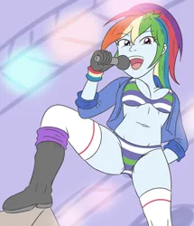 Size: 2460x2854 | Tagged: suggestive, artist:sumin6301, derpibooru import, rainbow dash, human, equestria girls, 2d, ankle boots, ankles, bangs, belly button, breasts, busty rainbow dash, cleavage, clothes, female, g4, gloves, image, indoors, jacket, jpeg, legs, long sleeves, looking at you, microphone, midriff, open mouth, panties, ponytail, singing, smiling, smiling at you, socks, solo, stage, stage light, striped bra, striped panties, striped underwear, thigh highs, thighs, underwear, wristband