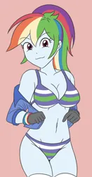 Size: 1494x2854 | Tagged: suggestive, artist:sumin6301, derpibooru import, rainbow dash, human, equestria girls, 2d, bangs, belly button, breasts, busty rainbow dash, cleavage, clothes, female, g4, gloves, image, jacket, jpeg, legs, looking at you, midriff, panties, pink background, ponytail, simple background, smiling, smiling at you, socks, solo, striped bra, striped panties, striped underwear, thigh highs, thighs, underwear, wristband