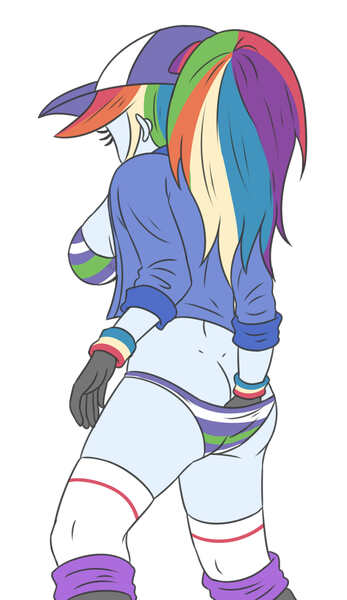 Size: 1651x2854 | Tagged: suggestive, artist:sumin6301, derpibooru import, rainbow dash, human, equestria girls, 2d, beneath clothes, breasts, busty rainbow dash, butt, cap, cleavage, clothes, female, from behind, from below, g4, gloves, hand in underwear, hat, image, jacket, jpeg, legs, low angle, panties, ponytail, rainbutt dash, sideboob, simple background, socks, striped bra, striped panties, striped underwear, thigh highs, thighs, underwear, white background, wristband