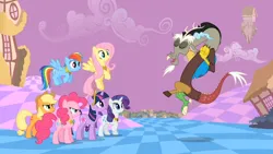 Size: 1280x720 | Tagged: safe, derpibooru import, screencap, applejack, discord, fluttershy, pinkie pie, rainbow dash, rarity, twilight sparkle, draconequus, the return of harmony, g4, image, mocking, png