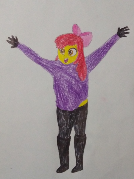 Size: 3072x4096 | Tagged: safe, anonymous artist, derpibooru import, apple bloom, human, equestria girls, arms in the air, belly, boots, cheering, clothes, colored, excited, excitement, g4, gloves, happy, image, jpeg, mittens, open mouth, pants, shirt, shirt lift, shoes, stomach, traditional art