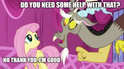 Size: 888x499 | Tagged: safe, derpibooru import, screencap, discord, fluttershy, draconequus, pegasus, pony, what about discord?, caption, g4, image, imgflip, jpeg, pointing, smiling, text