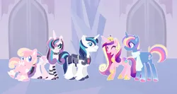 Size: 1524x808 | Tagged: safe, artist:selenaede, artist:y2kitty, derpibooru import, princess cadance, princess flurry heart, shining armor, oc, oc:clairvoyance, oc:cupid arrow, alicorn, pegasus, pony, unicorn, base used, colt, concave belly, crown, crystal castle, eyes closed, female, flurrygoth, foal, g4, goth, hoof shoes, husband and wife, image, jewelry, male, mare, offspring, older, older flurry heart, older princess cadance, older shining armor, parent:princess cadance, parent:shining armor, parents:shiningcadance, peytral, physique difference, png, princess shoes, regalia, ship:shiningcadance, shipping, slender, smiling, stallion, straight, thin