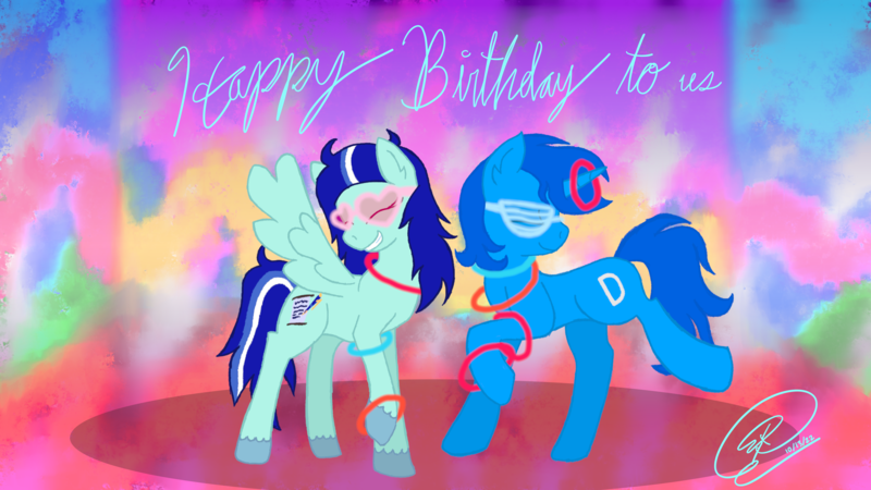 Size: 3840x2160 | Tagged: safe, artist:iamaveryrealperson, derpibooru import, oc, oc:"d", oc:pristine azure, unofficial characters only, pegasus, pony, unicorn, 2022, base used, birthday, cursive writing, dancing, date (time), duo, eyes closed, g4, glow rings, image, party, png, raised hoof, shutter shades, signature, smiling, spread wings, sunglasses, teeth, text, tie dye, unshorn fetlocks, wings