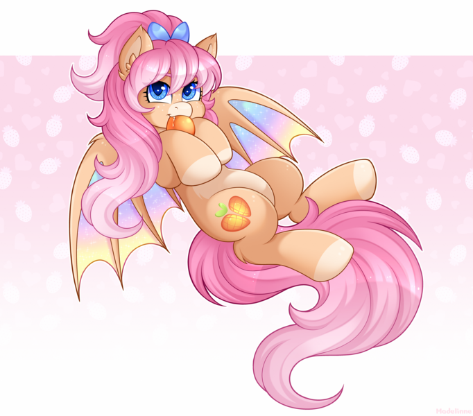 Size: 6048x5320 | Tagged: safe, artist:madelinne, derpibooru import, oc, unofficial characters only, bat pony, bat pony oc, bat wings, flying, food, image, looking at you, mango, png, solo, wings