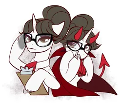 Size: 2241x1930 | Tagged: safe, artist:marsel1nushka, derpibooru import, raven, pony, unicorn, adjusting glasses, clipboard, clothes, costume, cute, devil, devil horns, devil tail, devious, devious smile, duo, duo female, female, g4, glasses, hair bun, hooves, horn, horns, image, laughing, mare, multiple horns, png, professionalism, ravenbetes, simple background, tail, white background