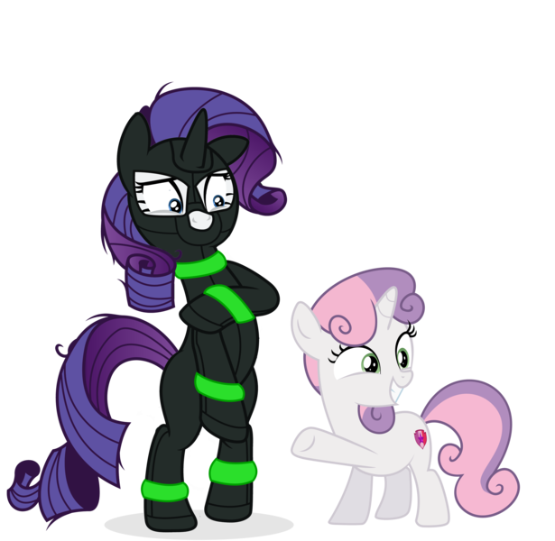 Size: 7992x7800 | Tagged: suggestive, edit, editor:anonymous, rarity, sweetie belle, pony, unicorn, /mlp/ latex requests, bipedal, catsuit, duo, female, filly, gag, grin, image, latex, looking at someone, looking offscreen, mare, mask, png, raised hoof, show accurate, shrunken pupils, simple background, smiling, transparent background, vector