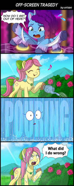Size: 800x2020 | Tagged: safe, artist:uotapo, derpibooru import, posey (g5), earth pony, pony, unicorn, g5, my little pony: tell your tale, spoiler:g5, spoiler:my little pony: tell your tale, spoiler:tyts02e05, 4 panel comic, comic, eyes closed, flower, image, jpeg, misty brightdawn, misty-rious new room, open mouth, posey can't catch a break