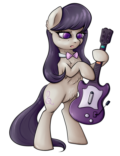 Size: 1843x2394 | Tagged: safe, artist:coco-drillo, derpibooru import, octavia melody, earth pony, pony, belly, belly fluff, bipedal, bowtie, chest fluff, confused, ear fluff, female, guitar, image, mare, musical instrument, octavia is not amused, png, rock band, simple background, solo, standing, transparent background, unamused