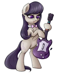 Size: 1843x2394 | Tagged: safe, artist:coco-drillo, derpibooru import, octavia melody, earth pony, pony, belly, belly fluff, bipedal, bowtie, chest fluff, confused, ear fluff, female, guitar, image, mare, musical instrument, octavia is not amused, png, rock band, simple background, solo, standing, transparent background, unamused