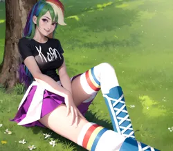 Size: 1024x896 | Tagged: safe, ai content, derpibooru import, machine learning generated, prompter:hqdmusthave, rainbow dash, human, equestria girls, breasts, busty rainbow dash, humanized, image, korn, looking at you, png, rock merch, sitting