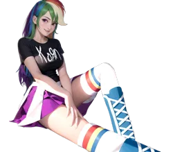 Size: 1024x896 | Tagged: safe, ai content, derpibooru import, machine learning generated, prompter:hqdmusthave, rainbow dash, human, equestria girls, breasts, busty rainbow dash, humanized, image, korn, looking at you, metalhead, png, rock merch, simple background, sitting, white background