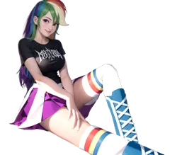 Size: 1024x896 | Tagged: safe, ai content, derpibooru import, machine learning generated, prompter:hqdmusthave, rainbow dash, human, equestria girls, breasts, busty rainbow dash, humanized, image, looking at you, m8l8th, metalhead, png, rock merch, simple background, sitting